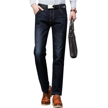 

2020 autumn men's solid color wash loose elastic denim pants / fit straight urban casual large size boutique jeans
