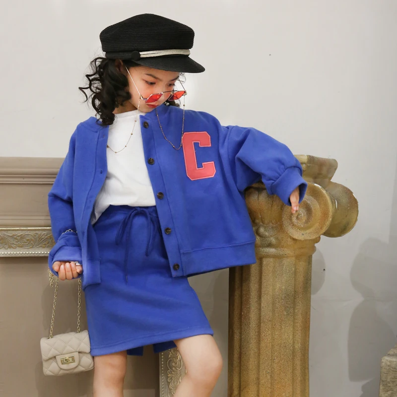 

Girls suit 2019 spring new children's Korean letter baseball uniform cardigan skirt skirt two-piece