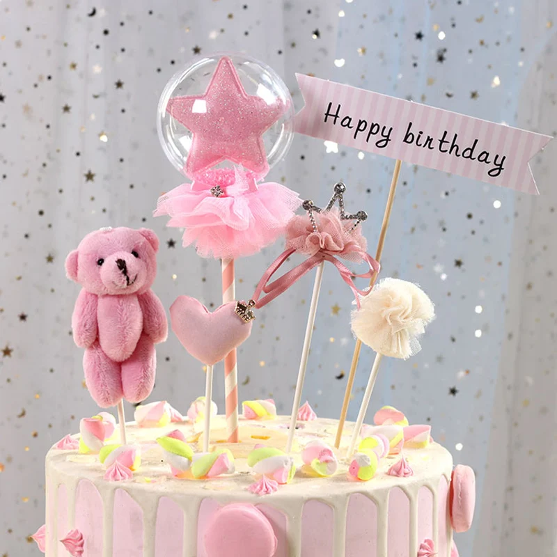 

1 pcs cute love heart crown Pink Little bear cake topper birthday cup cake decoration baby shower kids birthday wedding supplies