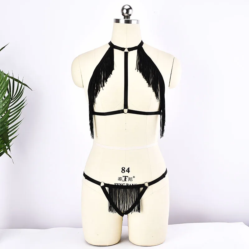 

Sexy Black Tassels Bodysuit Harajuku Black Tassels Cage Bralette Gothic Lace Bottom Panties 90s Pole Dance Harness Lingerie Set