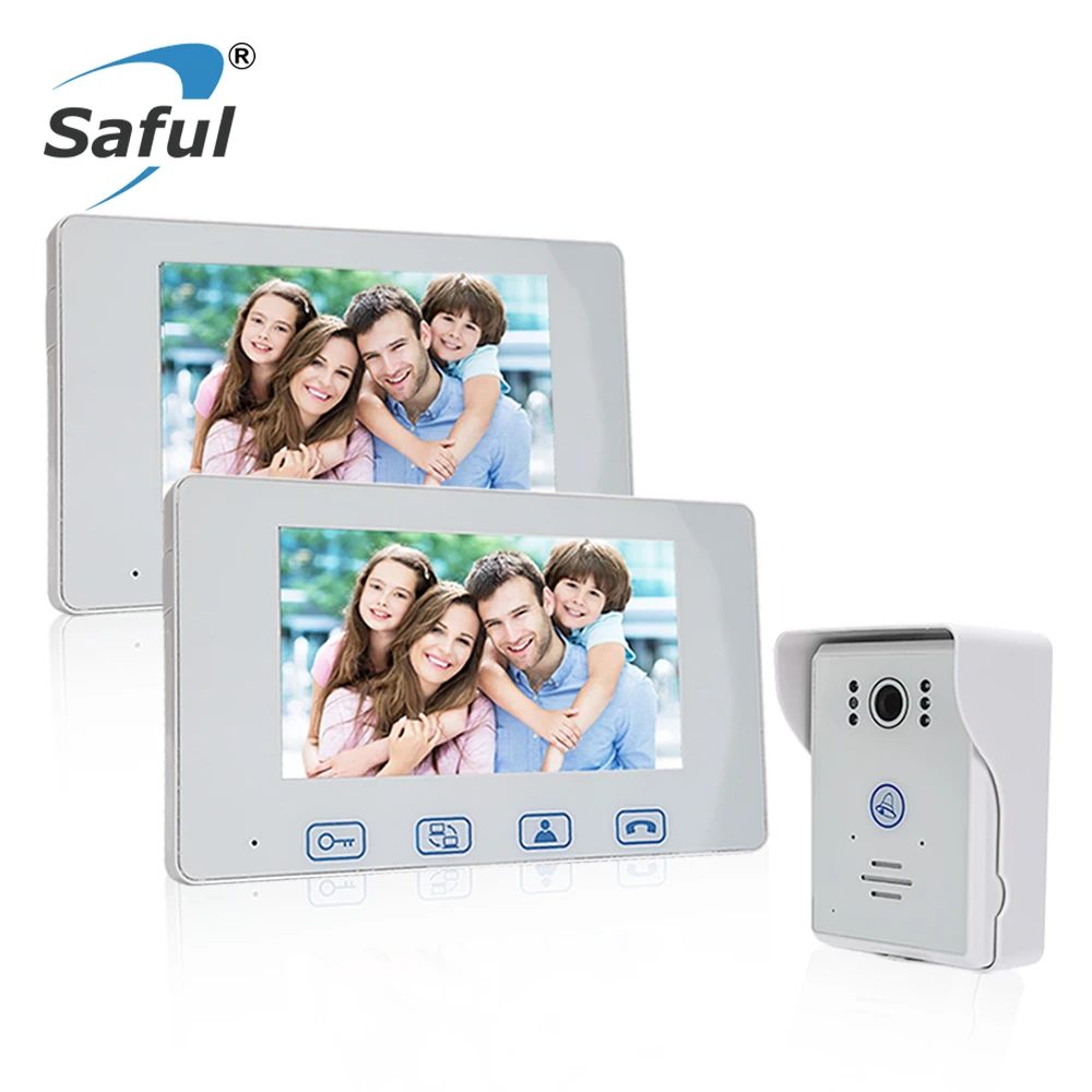 

Saful 7 Inch Wired Video Door Phone Intercom System Waterproof Unlock Function with Night Vision 1 Outdoor Camera + 2 Monitor