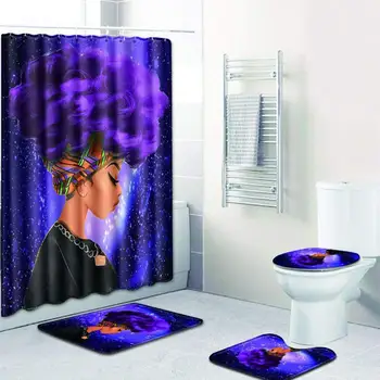 

4 Pcs African Girl Shower Curtain/Bath Mat/Toilet Pad Set Character Pattern Anti-slip Toilet Pattern Carpet Flannel Bath Mat 29