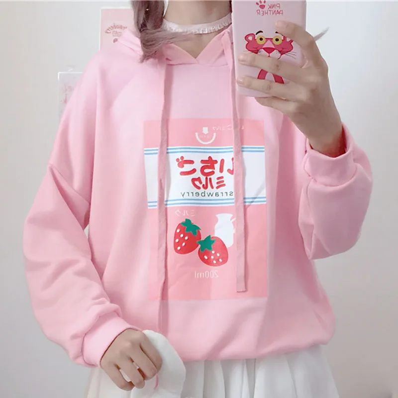 

Japanese Kawaii Style Strawberry Print Pink Hoodie Womens Autumn Harajuku Sweet Long Sleeve Cute Hoodie Sweatshirts Clothes Tops