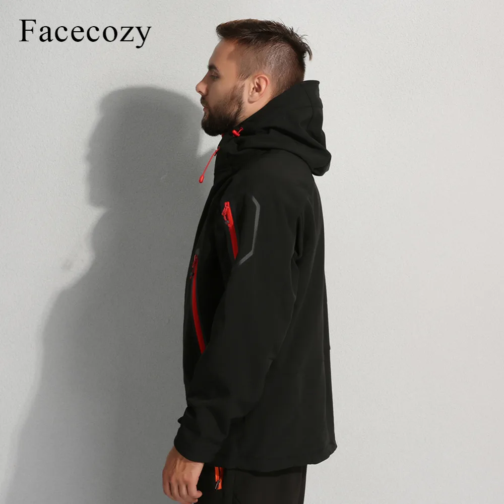 Facecozy الرجال الخريف الشتاء في الهواء الطلق تنفس سوفتشيل التخييم معطف للرياضة الذكور الصوف مقنعين الحرارية الصيد التزلج معطف