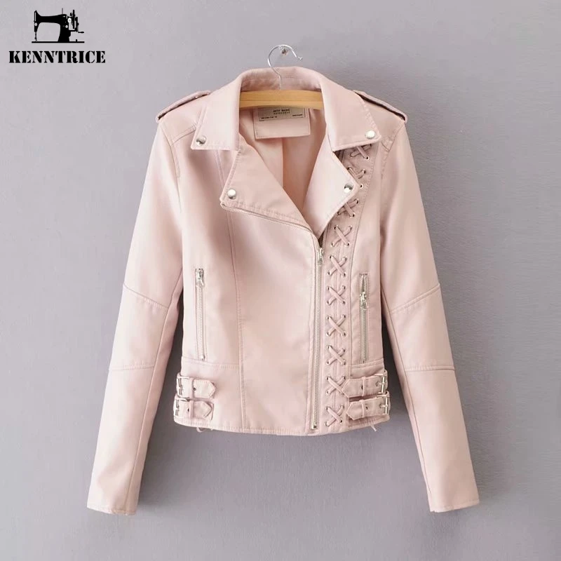 

KENNTRICE Punk Rock Style Zipper Straps Faux Leather Jackets Women Short Black Coat Motorcycle Fashion Female Clothes