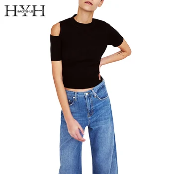 

HYH HAOYIHUI Solid Black One Shoulder Cut Out Knitted Crop Tops Basic Slim O Neck Women 2018 New Arrival Short Sleeve Sweater