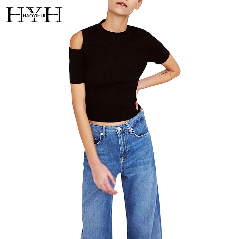 Женский вязаный укороченный топ HYH HAOYIHUI однотонный черный с одним плечом и