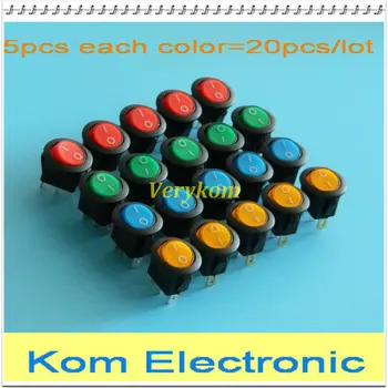 

20pcs 4 colors 16A 12V LED Light Round Rocker ON/OFF SPST Switch 3 Pins With LED,High Bright led red yellow green blue