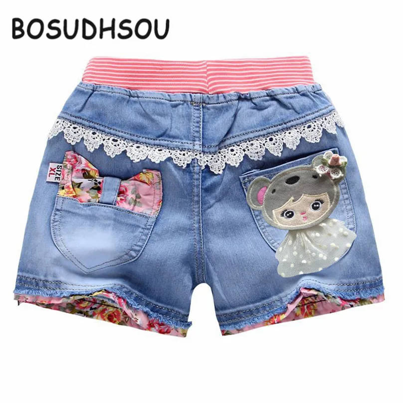 Bosudhsou 2017 New Summer Fashion Baby Girls Short Jeans Lace Children
