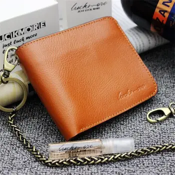 

Vintage Crazy horse Genuine Leather Wallet Men Purse Leather Men Wallet Short style Clutch Bag Male Coin bag Money Clips Chain