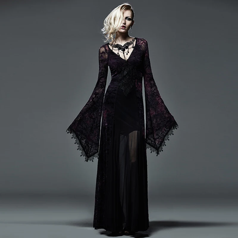 

Flocking Dark Violet Gothic Long Dress for Women Steampunk Lace Embroidery Flare Sleeve Dresses Prom Party Sexy Ladies Dress