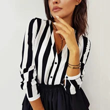 Verano mujer Sexy Camisa a rayas blanco y negro elegante cuello en V botón blusa OL tops casual sueltos Vintage Camisa femenina