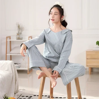 

Fashion Women's Pajamas Sets Striped Sleep Lounge Soft Cotton Yukata Kimono Girl Loose Nightgown Sleepwear Homewear Pyjamas