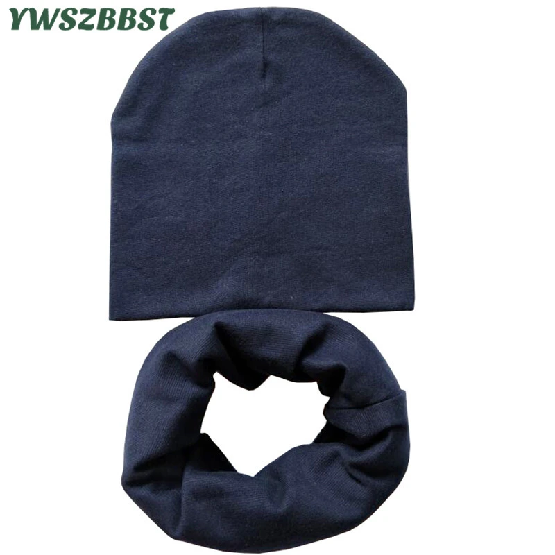 skully with brim For 4 to 12 years old Solid Color Cotton Children Hat Scarf Set Autumn Winter Boys Girls Beanies Cap skully with the brim