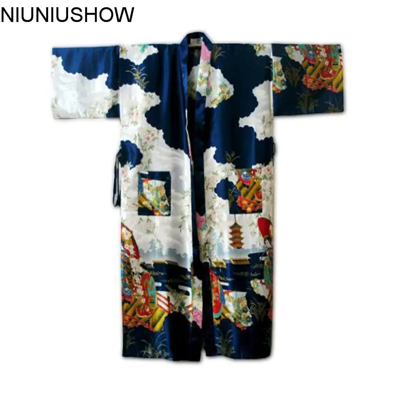 Темно-синий китайский женский шелковый халат кимоно банное платье Ночная рубашка Размеры S M L XL XXL XXXL W4S003
