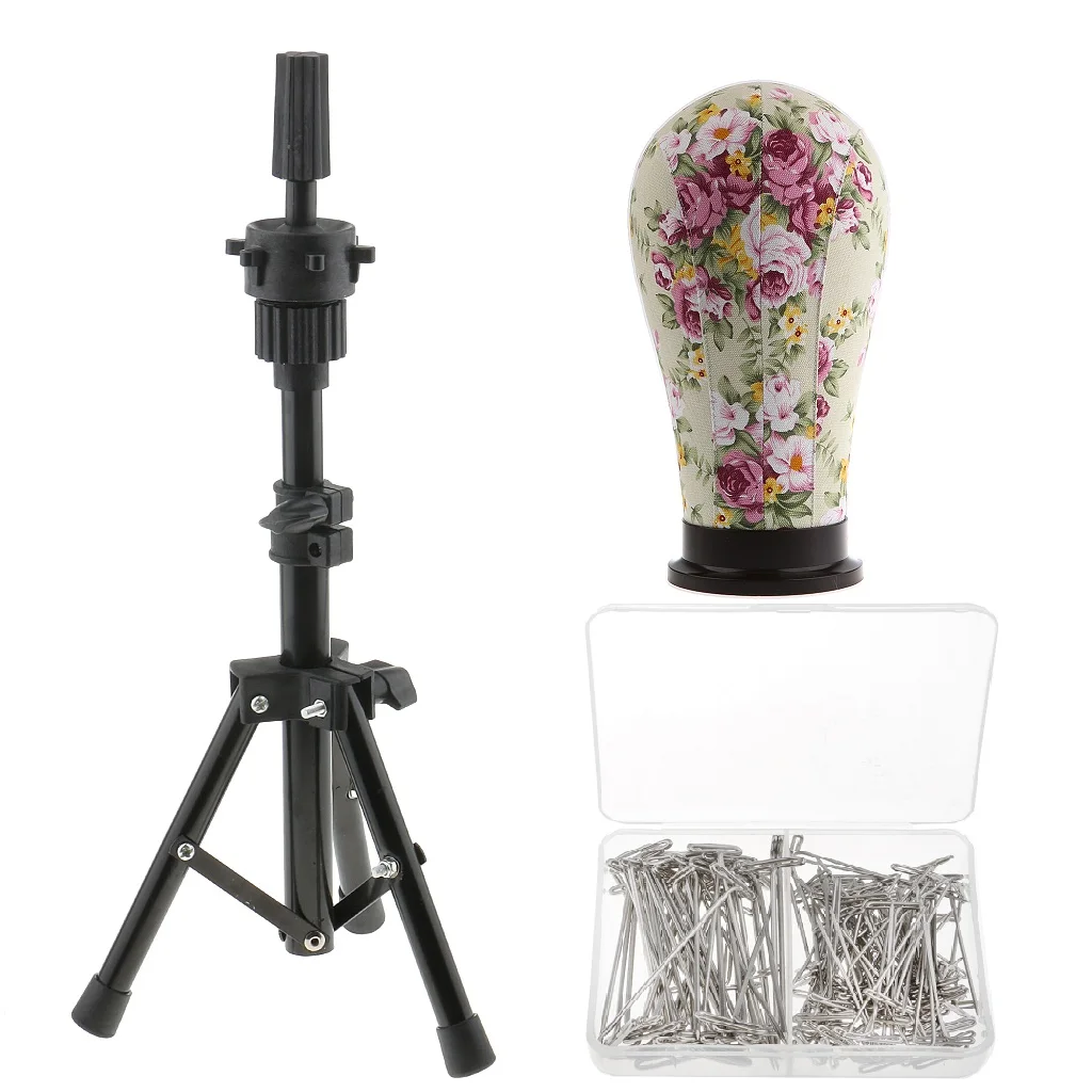 21'' Mannequin Model Cork Canvas Block Head with 150pcs T Needle Pins Wigs Making Set with Tripod Stand