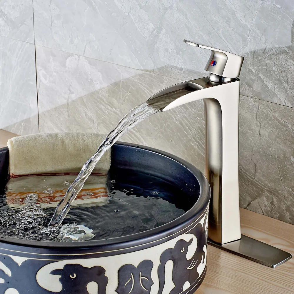 

Waterfall Brushed Nickel Deck Mount Bathroom Basin Faucet Mixer Tap +Cover Plate