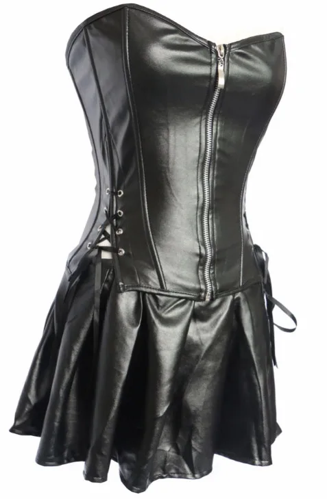New Female Sexy Mistress Leather Front Zip Boned Corset Bustier with Hollow Out and Skirt Fetish Wear New Female Sexy Mistress Leather Front Zip Boned Corset Bustier with Hollow Out and Skirt Fetish Wear