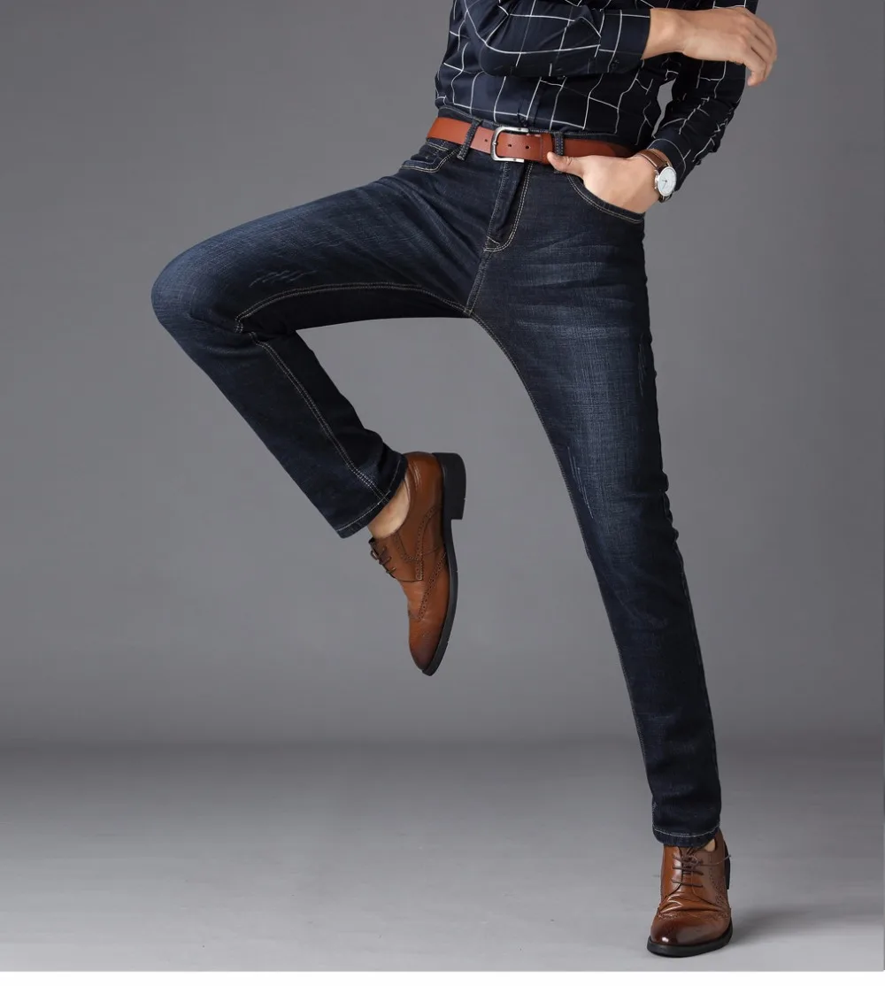 2018 Новый Для мужчин Джинсы для женщин Бизнес Повседневное прямые Slim Fit синие джинсы стрейч джинсовые штаны Мотобрюки молодой человек