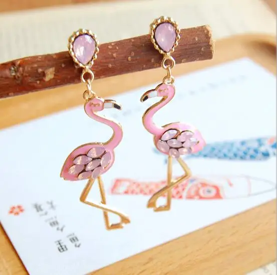 Enamel Oil Flamingo Dangle Earrings for Women Fashion Lady Jewelry Cute Animal Crystal 4 Colors Christmas Gift | Украшения и