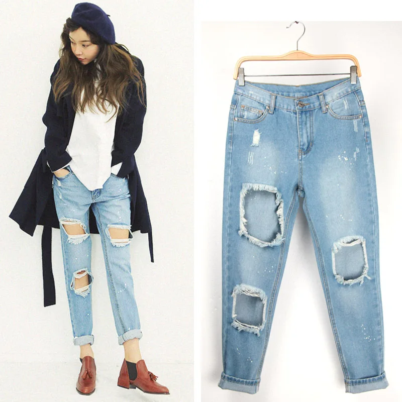 Fashion street BF windy hole loose feet pants womens jeans |