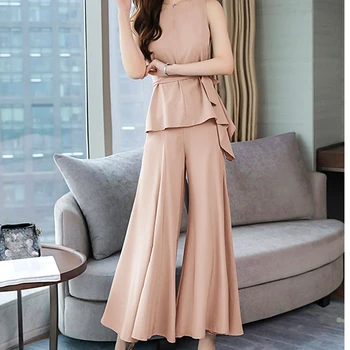 

Summer New Fashion Chiffon Wide Leg Top&pants Set Elegant Temperament Women's Suit Feminina With Belt 2 Piece Set Women