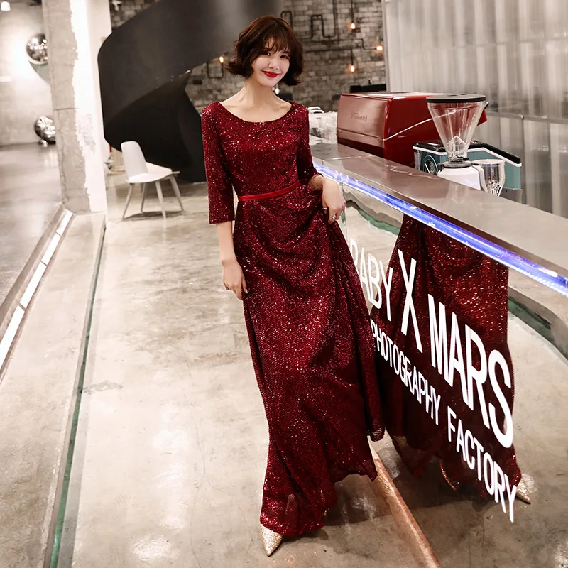 

Wine Red Long Elegant Evening Dresses 2019 Half Sleeve Sequined Formal Wedding Party Gown Bridal Prom Dress LYFY117