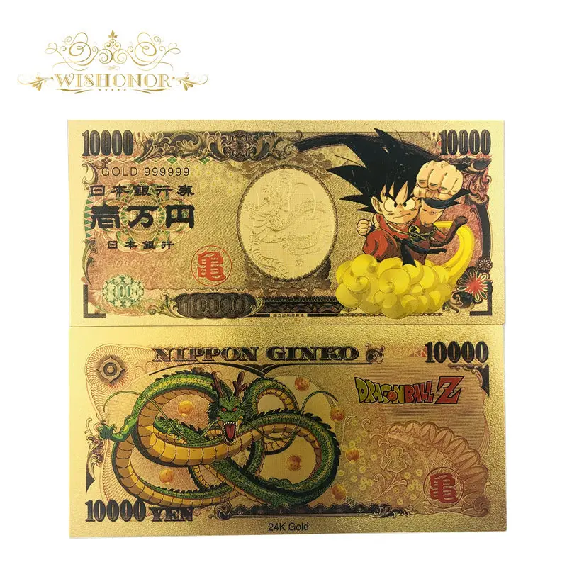 

10pcs/lot Nice Japan Dragon Ball Gold Banknote 10,000 Yen Banknote in 24k Gold Plated Gold Money For Collection