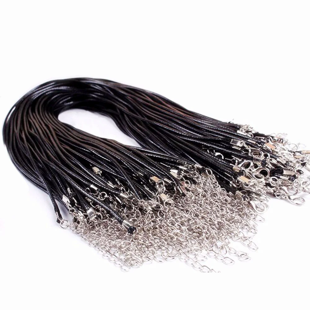 3 Pcs 2mm Twisted Braided Rope Leather Chain Necklace Bracelet Charms Silver Clasp DIY Jewelry Accessories String Cord Necklace