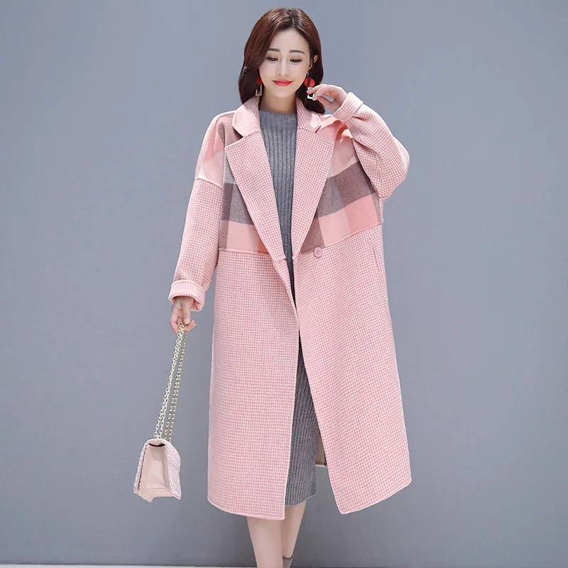 

Office Lady Plaid Women Long Winter Wool Blend Coat Turn-down Collar Wool Coat and Jacket Covered Button Outerwear