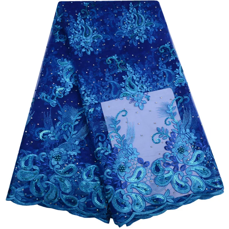 

Latest Royal blue embroidery French lace African mesh tulle lace fabric with with stones beads high quality 5 yards 986