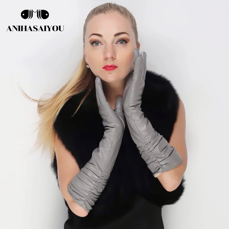 Самые продаваемые женские длинные кожаные перчатки, женские длинные перчатки из овчины, темно-серые зимние длинные кожаные перчатки для женщин-2081C