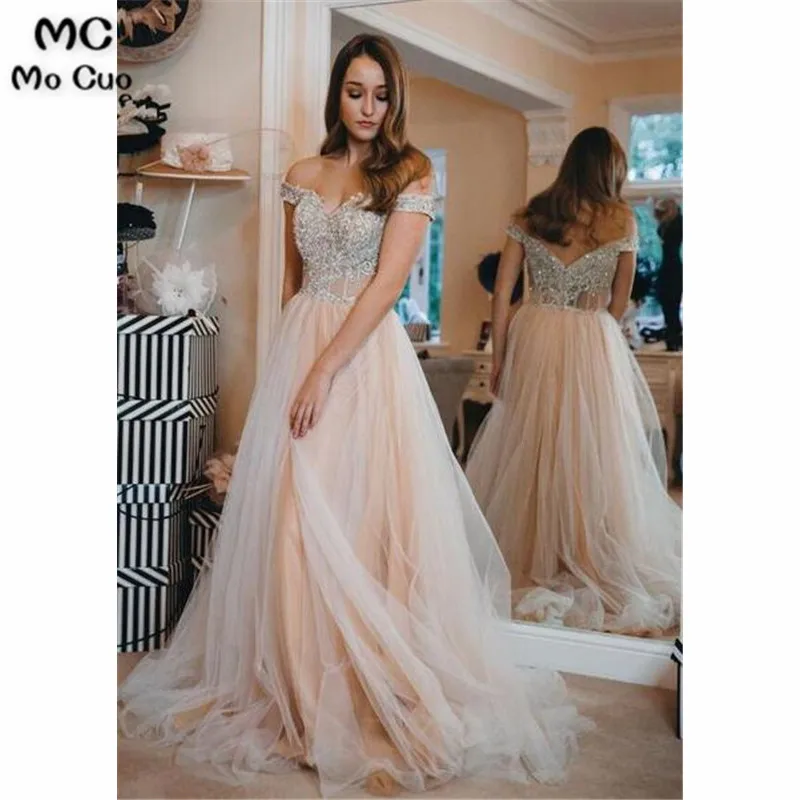 

Sparkly Off Shoulder A-Line Prom Dresses Long with Appliques Beaded Tulle Short Sleeve Formal Evening Party Dress for Women