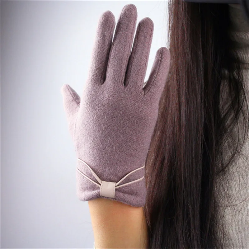 Pure Wool Gloves Five Fingers Brown Grey Bean Color Autumn Winter Elastic Knitted Female Butterfly Knot Woman Gloves TB104