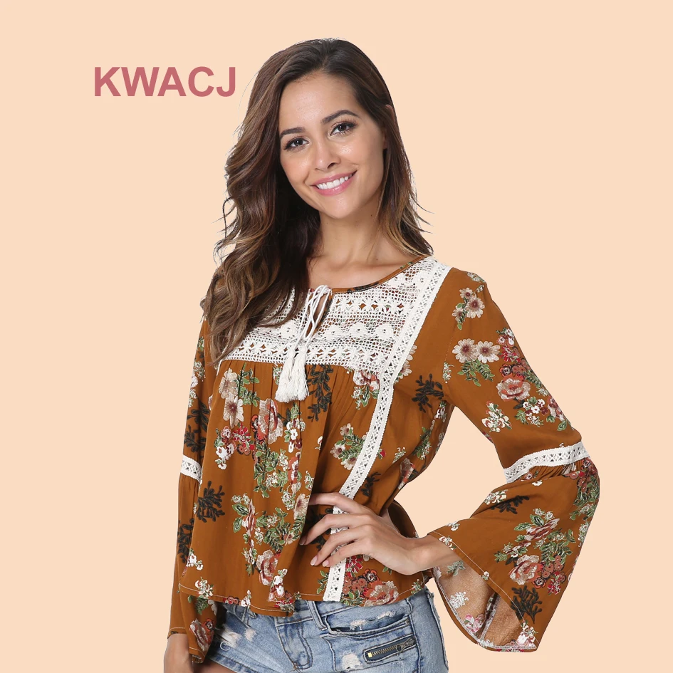 

KWACJ spring summer women blouse and tops 2019 boho beach style floral lace Flare long sleeve vintage E-126