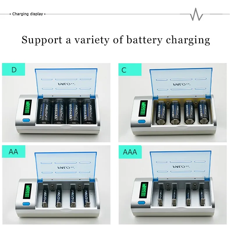 PALO ЖК-дисплей смарт-зарядное устройство для Ni-MH Ni-Cd AA/AAA/SC/C/D/9 В аккумуляторная батарея с автомобильной зарядной линией