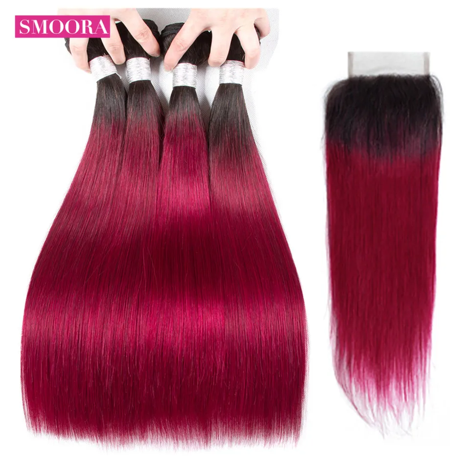 straight ombre hair 1b burgundy 4 bundle with closure free part 3