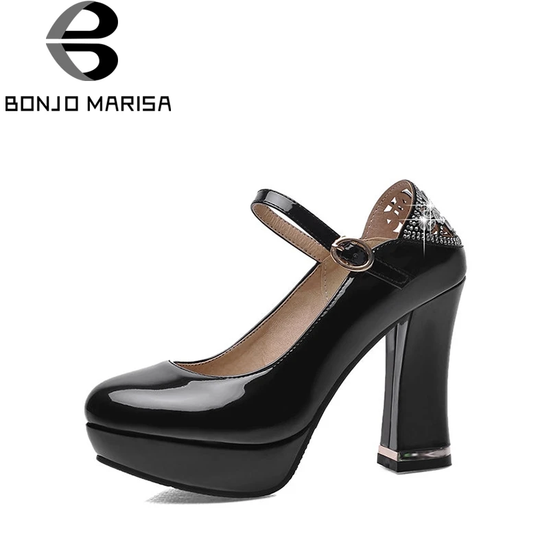 

BONJOMARISA Women's Mary Jane Rhinestone Chunky High Heel Party Wedding Shoes Woman Platform Patent Leather Pumps Big Size 30-45