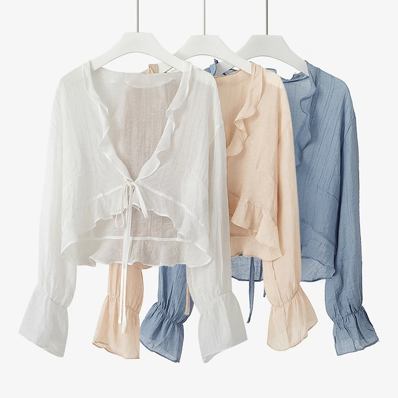 

Chiffon shrug for Women Summer tops Lightweight Long Sleeve Open Front Irregular Hem Chiffon solid Semi see-through short coats
