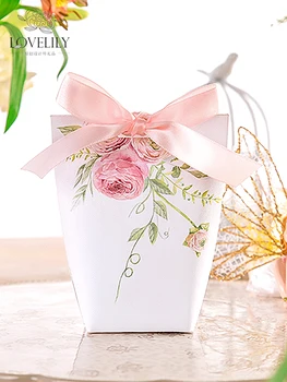 

50pcs Wedding Favors Upscale Candy Boxes White/pink flowers gift box Party Chocolate Box + ribbon 5 designs