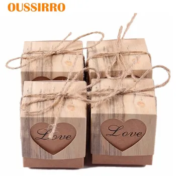 

50PCs Heart Wood Grain Kraft Candy Box Hollow Gift bag with rope Chocolate Bag Cup cake Packaging Bag Wedding Party Supply