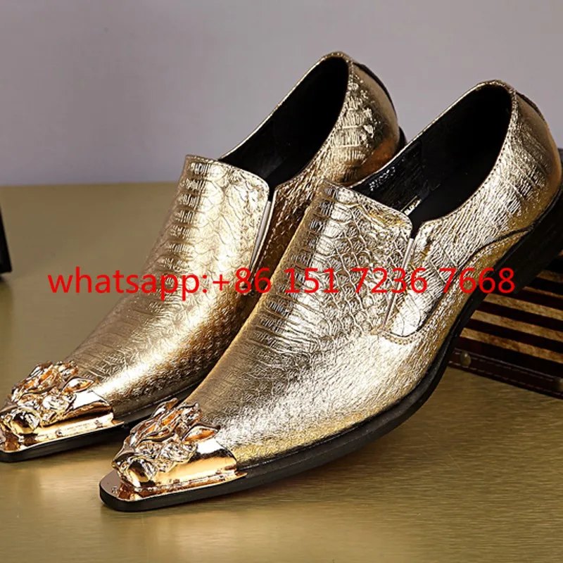 Luxury Genuine Leather Wedding Shoes Pointed Toe Gold Dress Shoes Men Chaussure Homme Metal Spikes Formal Business Shoes