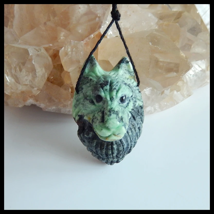 

Carved wolf head Green Turquoise Gemstone Semi-precious stones, Jewelry accessories Pendant bead,36x24x21mm,14.2g