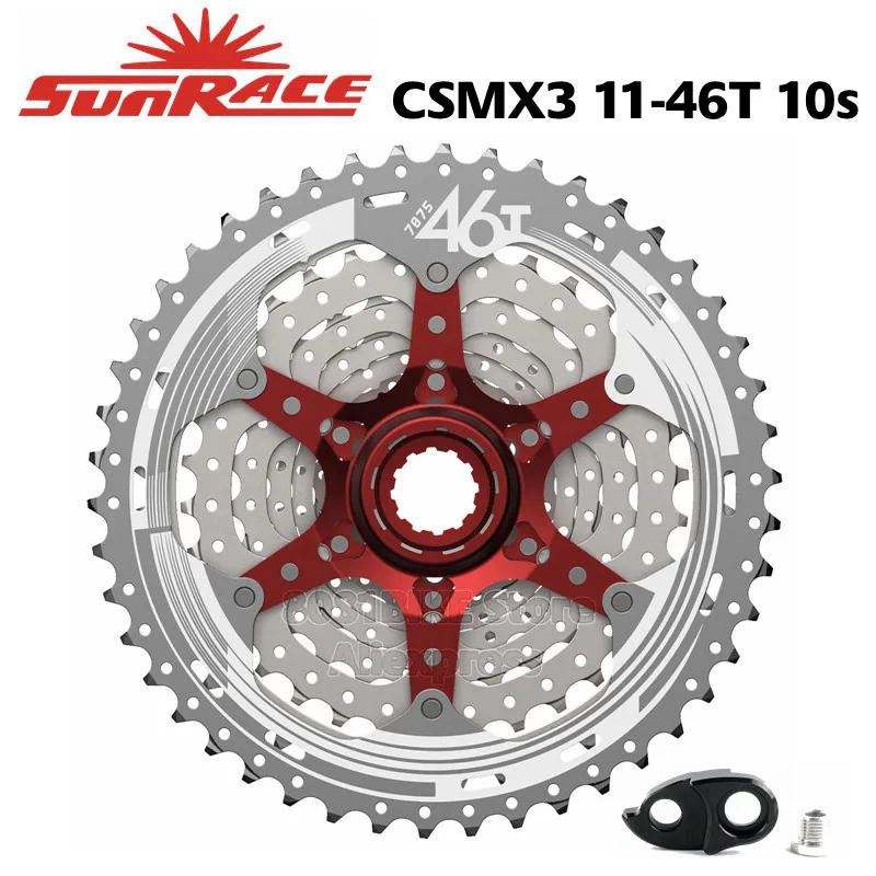 Sunrace 10-speed 11-46T cassette CSMX3 wide ratio MTB in Silver with rd extender