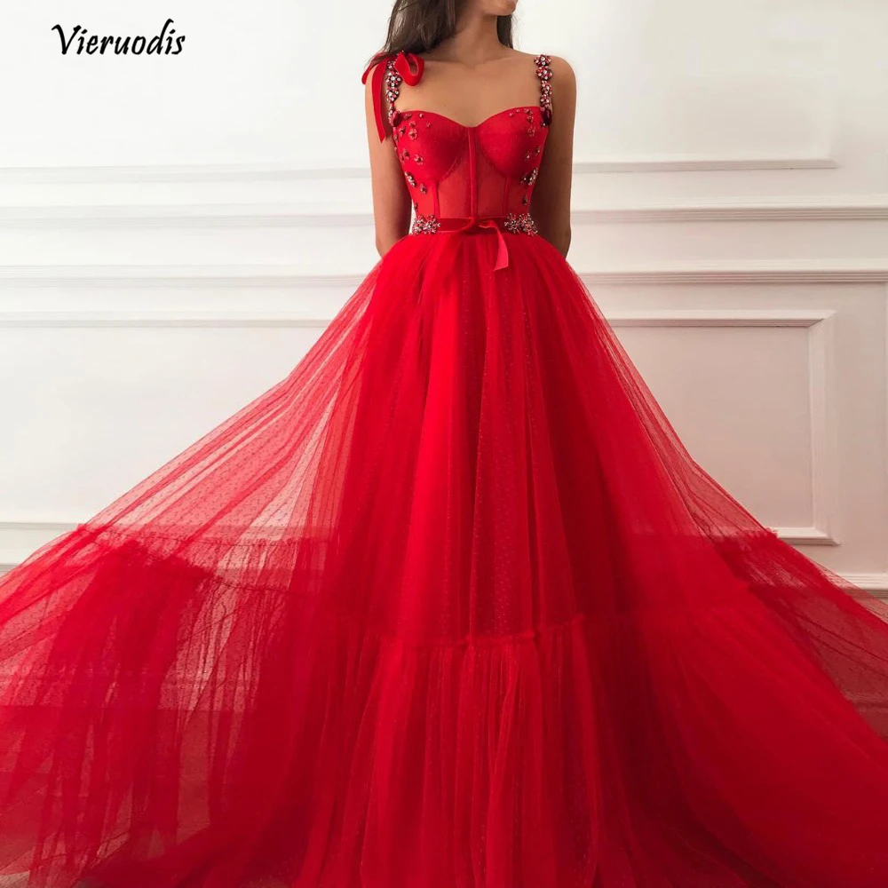 

Pretty Hot Red Tutu Floral Evening Dresses With Crystal Sash Bow Beaded A-line Prom Gowns 2019 Formal Dress 1
