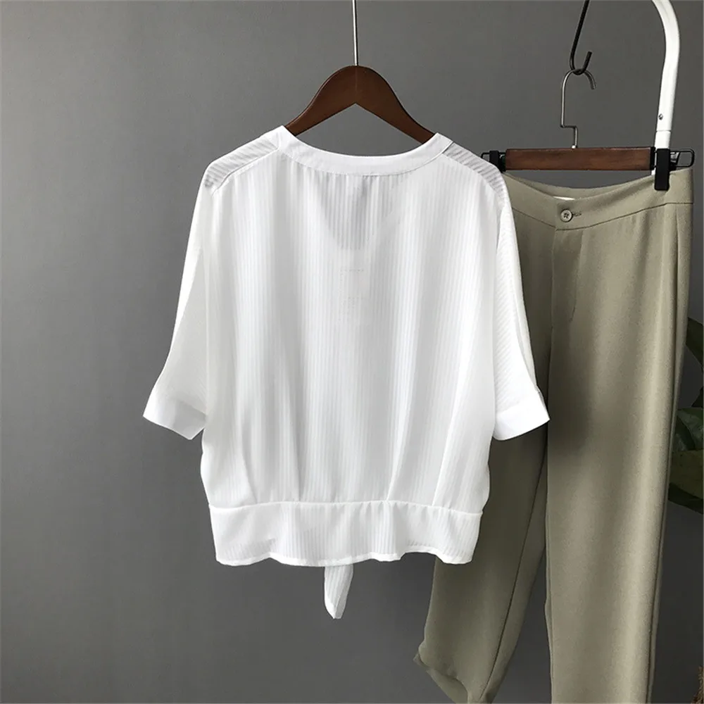 Short Style Loose Chest Women Blouse Shirt 2018 Summer V Neck Casual Short Shirt Chiffon Half Sleeve Dating Blouse campus Shirt (17)