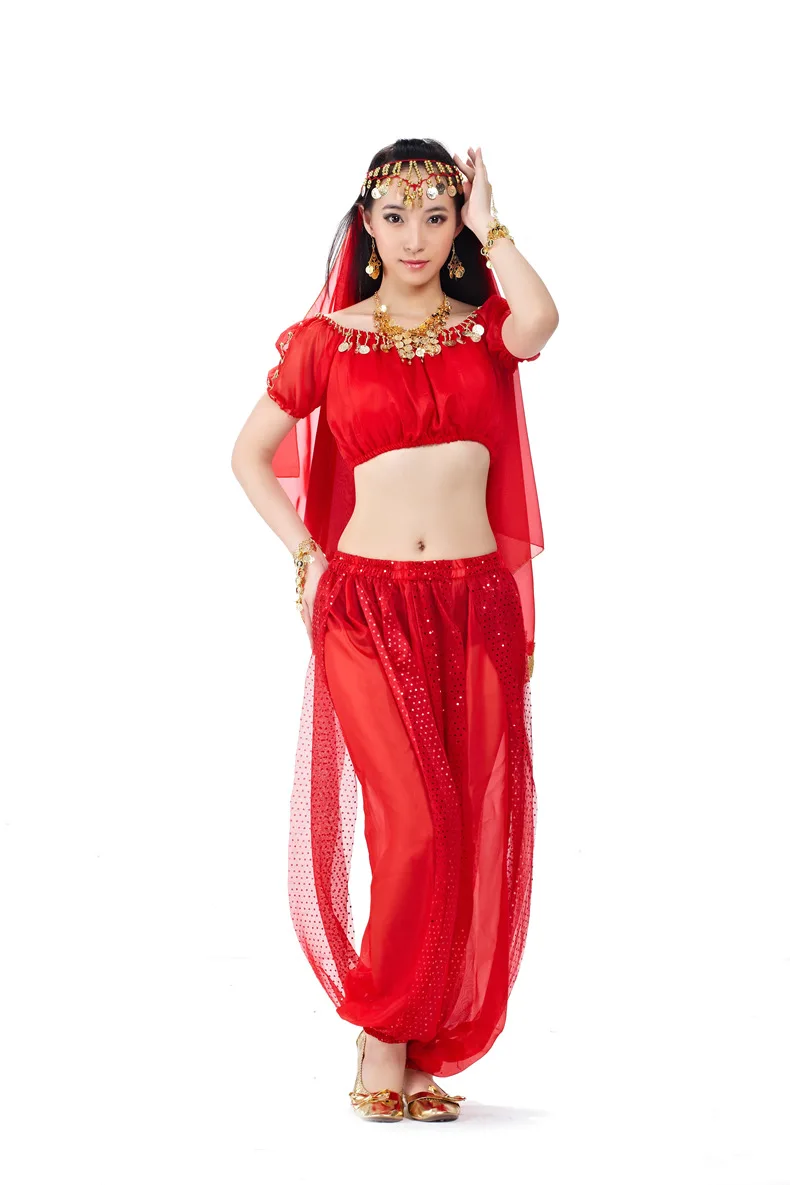 Взрослые индийские танцевальные костюмы танец живота Болливуд Женская одежда 5 шт. набор индийский комплект для выступлений топ+ брюки+ вуаль+ головной убор+ пояс