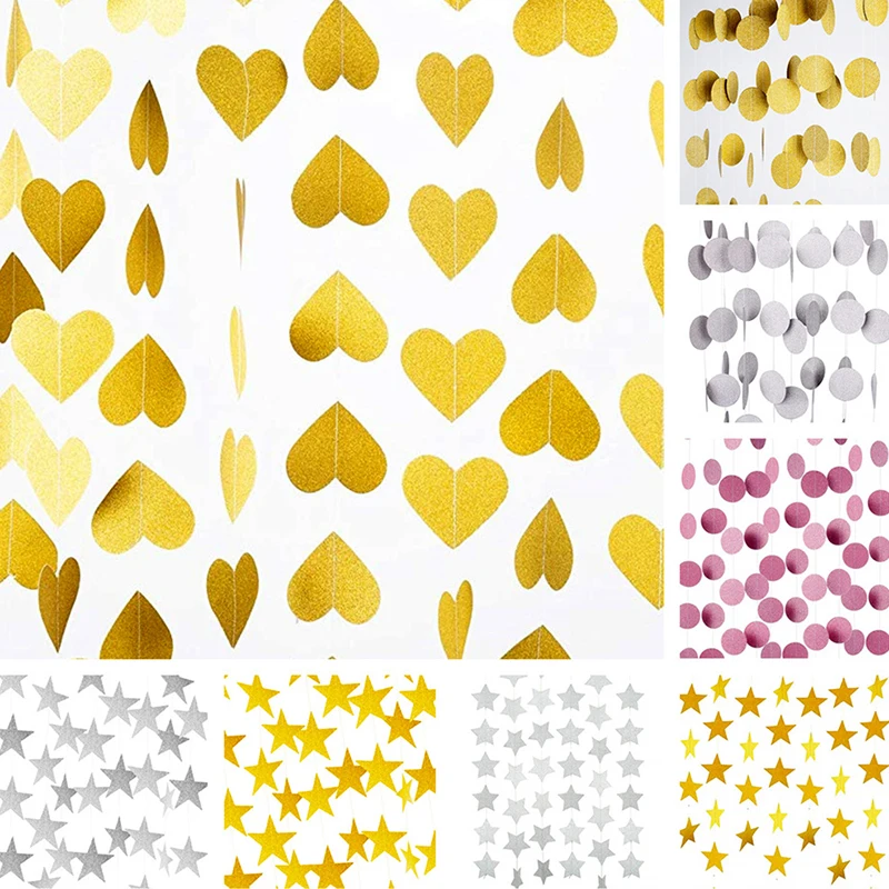 

1set Gold Paper Star Round Banner Garlands 2M Birthday String Chain Banner Ornaments Curtain Wedding Party Room Decor Supplies