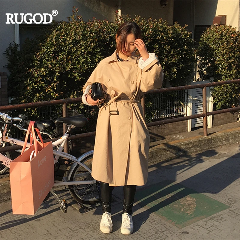 

RUGOD 2019 Autumn Winter Turn-down Collar Loose Oversize Safari Style X-Long Lacing Double Breasted Women Trench Solid Lady Coat