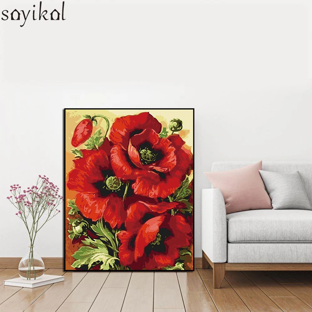 Hot Sell Red Flowers DIY Painting By Numbers With Framed Wall Art